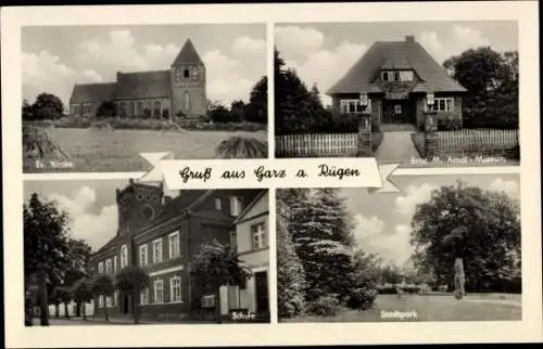 Ak Garz auf Rügen, Evangelische Kirche, Ernst Moritz Arndt-Museum, Stadtpark, Schule