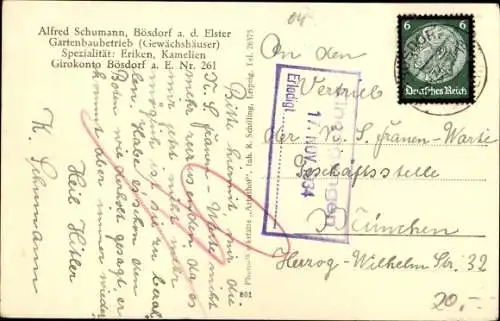 Ak Bösdorf an der Elster Leipzig, Gartenbaubetrieb Alfred Schumann, Gewächshäuser