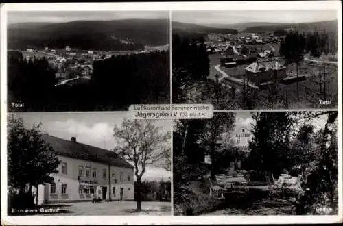 Ak Jägersgrün Muldenhammer im Vogtland, Panorama, Eismanns Gasthof, Garten