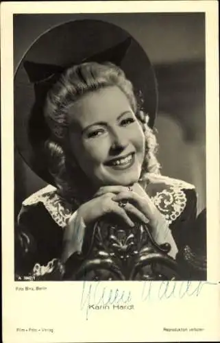 Ak Schauspielerin Karin Hardt, Portrait, Hut, Autogramm