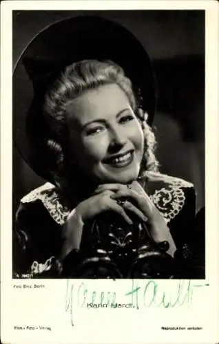 Ak Schauspielerin Karin Hardt, Portrait, Hut, Autogramm