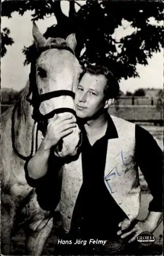 Ak Schauspieler Hansjörg Felmy, Portrait, Pferd, Die Flusspiraten vom Mississippi, Autogramm