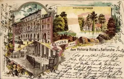 Litho Karlsruhe in Baden, Victoria Hotel, Innenansicht, Schlossgartensee