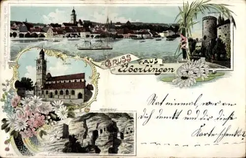 Litho Überlingen am Bodensee, Kirche, Stadtansicht