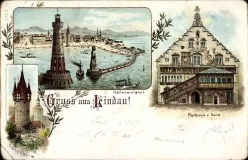 Litho Lindau Bodensee Schwaben, Stadtansichten, Rathaus, Hafeneinfahrt, Diebsturm