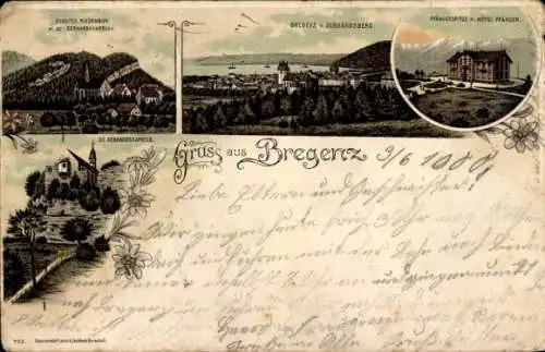 Litho Bregenz am Bodensee Vorarlberg, Hotel Pfänder, Blick vom Gebhardsberg, Kloster