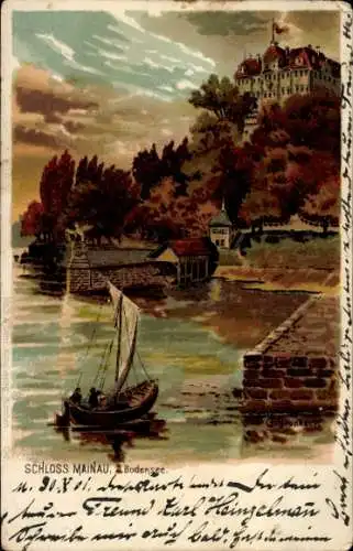 Litho Insel Mainau im Bodensee, Schloss, Segelboot