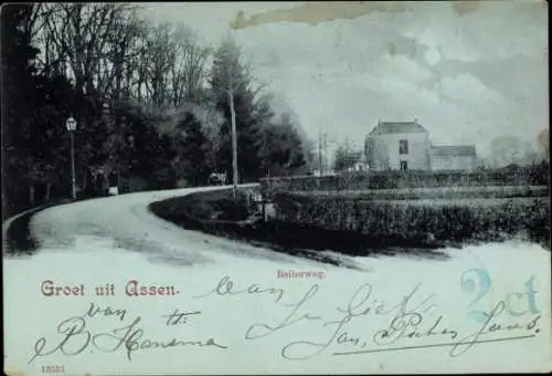 Mondschein Ak Assen Drenthe Niederlande, Beilerweg am Abend