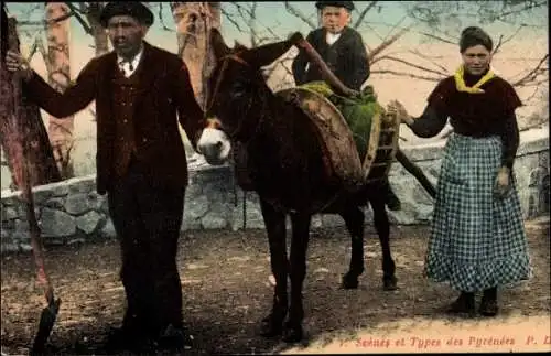 Ak Menschen in französischen Trachten, Kind auf Esel reitend