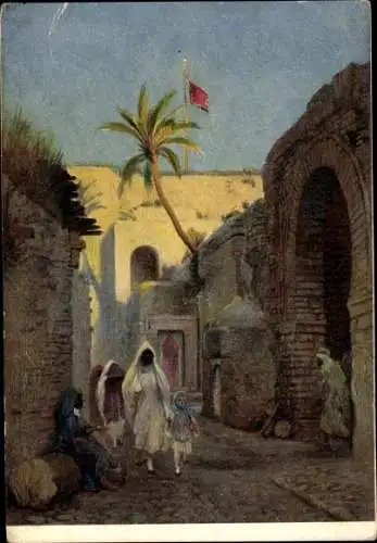 Ak Araber, Verschleierte Frau, Palme, Fahne, Maghreb