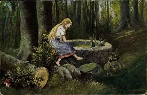 Künstler Ak Holm, W., Rautendelein, Frau am Brunnen, Märchen