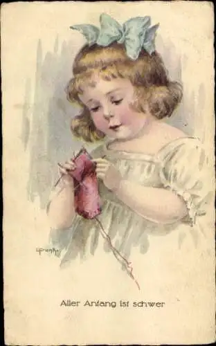 Künstler Ak Aller Anfang ist schwer, strickendes Mädchen
