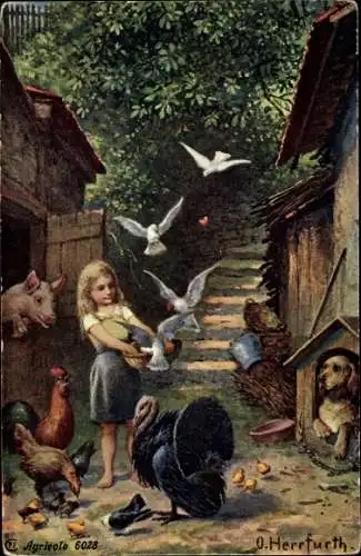 Künstler Ak Herrfurth, Oskar, Mädchen füttert Tiere, Pute, Schwein, Tauben, Hund, Hühner
