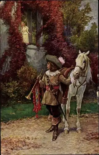 Künstler Ak Borrmeister, Abschied, Trompeter, Pferd