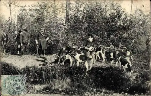 Ak Jagdmotiv, St. Hubertus-Jagd, Hundemeute, erlegter Hirsch