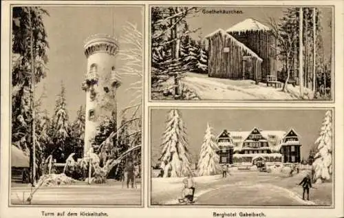 Ak Ilmenau in Thüringen, Goethehäuschen auf dem Kickelhahn, Berghotel Gabelbach, Turm, Winter