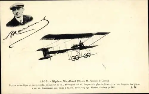 Ak Doppeldecker Martinet, H. Farman Racing Doppeldecker