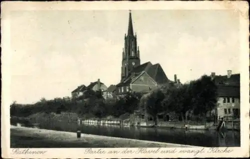 Ak Rathenow im Havelland, Havel, evangelische Kirche