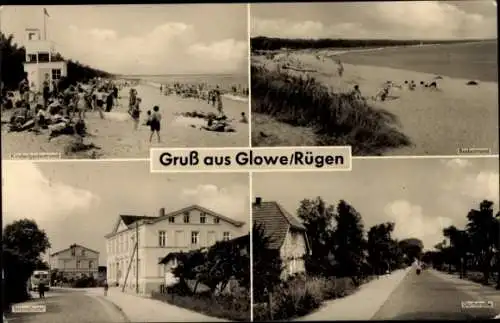 Ak Glowe auf Rügen, Kinderbadestrand, Strandhotel, Dorfstraße