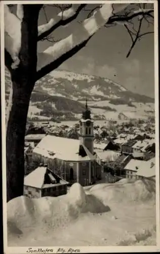 Ak Sonthofen im Oberallgäu Schwaben, Teilansicht, Kirche, Schnee