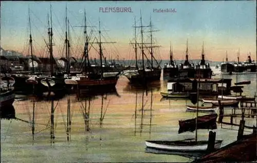 Ak Flensburg in Schleswig Holstein, Hafen, Segelschiffe, Boote
