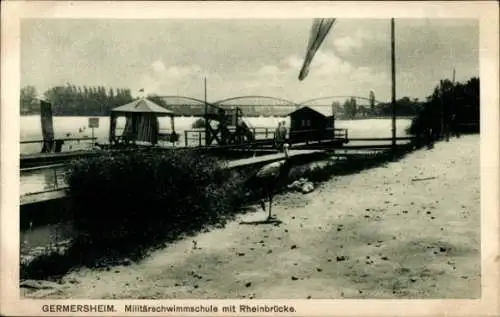 Ak Germersheim am Rhein, Militärschwimmschule mit Rheinbrücke, Storch