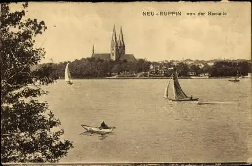 Ak Neuruppin in Brandenburg, Blick von der Seeseite, Segelboote, Ruderboote