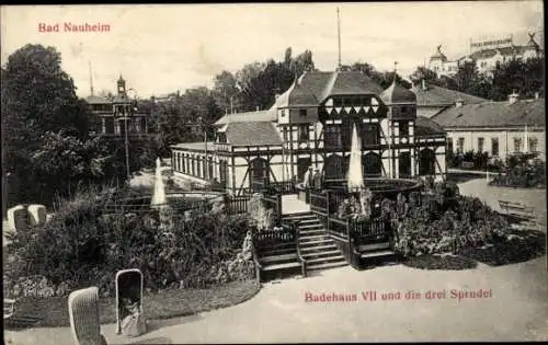 Ak Bad Nauheim in Hessen, Badehaus VII., drei Sprudel