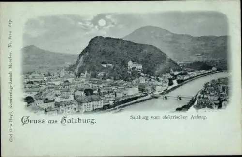 Mondschein Ak Salzburg in Österreich, Gesamtansicht, Blick vom elektrischen Aufzug