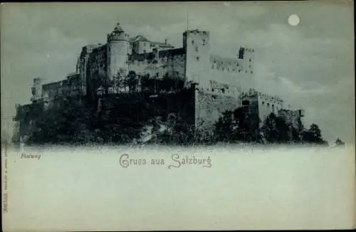 Mondschein Ak Salzburg in Österreich, Festung Hohensalzburg