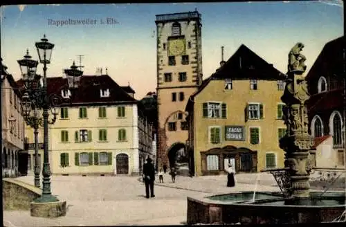 Ak Ribeauvillé Rappoltsweiler Elsass Haut Rhin, Ortspartie, Brunnen, Platz, Häuser