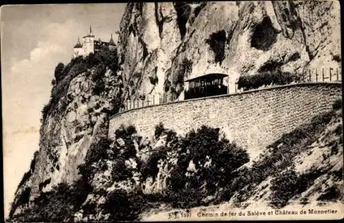 Ak Salève Haute Savoie, Eisenbahn, Chateau de Monnetier, Zahnradbahn