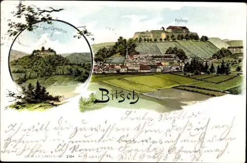 Litho Bitche Bitsch Lothringen Moselle, Blick zur Festung, Fort Sebastian