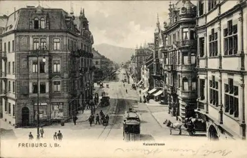 Ak Freiburg im Breisgau, Kaiserstraße, Straßenbahn