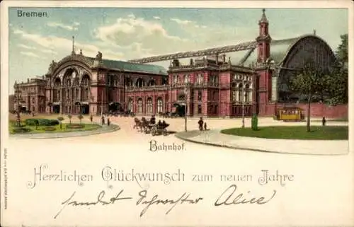 Litho Hansestadt Bremen, Bahnhof, Vorplatz mit Kutsche und Reisenden, Straßenbahn, Neujahr