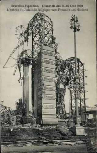 CPA Bruxelles Bruxelles, Exposition, L'incendie, L'entrée du Palais de Belgique