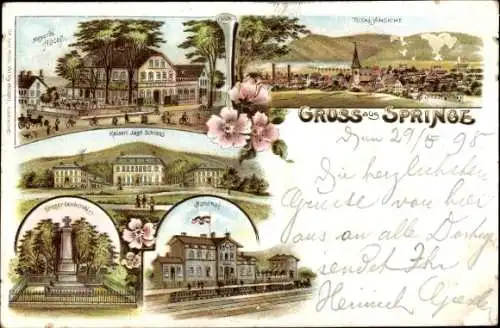 Litho Springe am Deister, Bahnhof, Meyer's Hotel, Kaiserliches Jagdschloss, Kriegerdenkmal