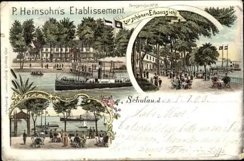 Litho Schulau Wedel im Kreis Pinneberg, Etablissement zur schönen Elbaussicht