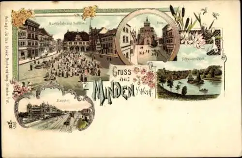 Litho Minden in Westfalen, Marktplatz mit Rathaus, Dom, Bahnhof, Schwanenteich