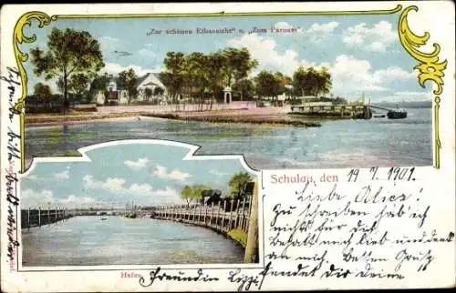 Ak Schulau Wedel im Kreis Pinneberg, Hafen, Hotels, Zur schönen Elbansicht, Zum Parnass