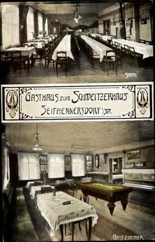 Ak Seifhennersdorf in Sachsen, Gasthaus zum Schweitzerhaus, Saal, Gastzimmer, Billard