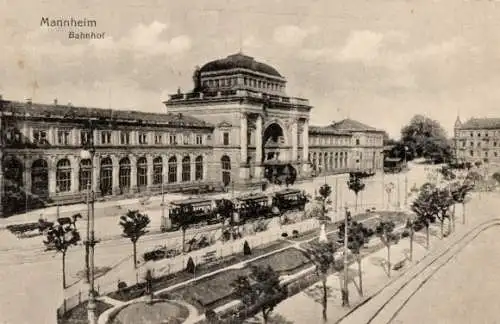 Ak Mannheim in Baden, Bahnhof, Straßenbahn