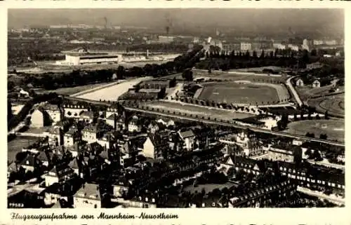 Ak Neuostheim Mannheim in Baden, Fliegeraufnahme, Stadion, Bahnstrecke