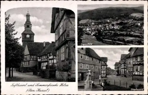 Ak Helsa in Hessen, Kirche, Gesamtansicht, Straße, Brunnen