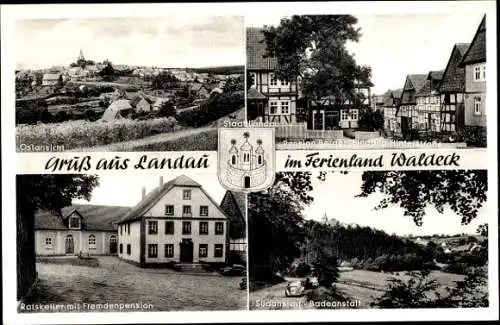 Ak Landau Bad Arolsen in Waldeck, Panorama, Pension Berger, Hinterstraße, Ratskeller, Badeanstalt