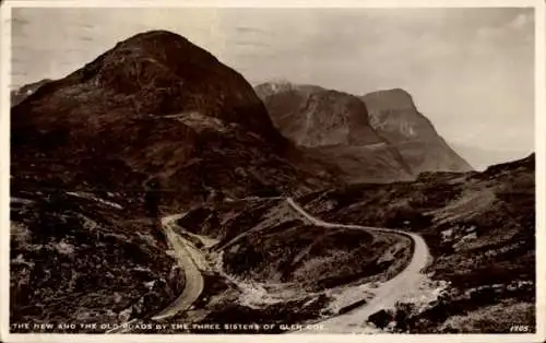 Ak Schottland, Neue und alte Straßen von den Three Sisters of Glen Coe