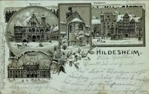 Mondschein Winter Litho Hildesheim, Rathaus, Bahnhof, Marktplatz, 1000 jähriger Rosenstock