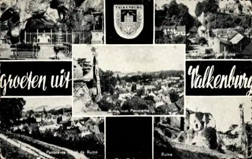 Ak Valkenburg Limburg Niederlande, Panorama, Ruine, Berkelpoort, Lourdesgrotte, Wappen