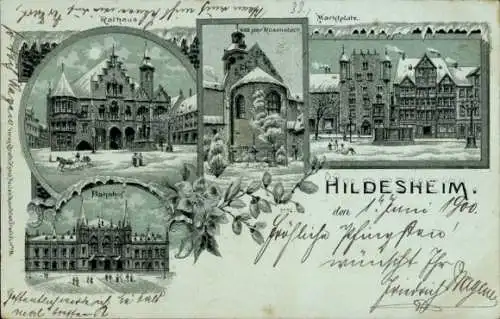 Mondschein Winter Litho Hildesheim, Rathaus, Bahnhof, Marktplatz, 1000-jähriger Rosenstock