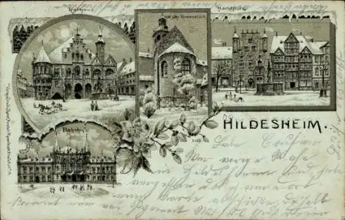 Mondschein Winter Litho Hildesheim, Rathaus, Bahnhof, Marktplatz, 1000-jähriger Rosenstock